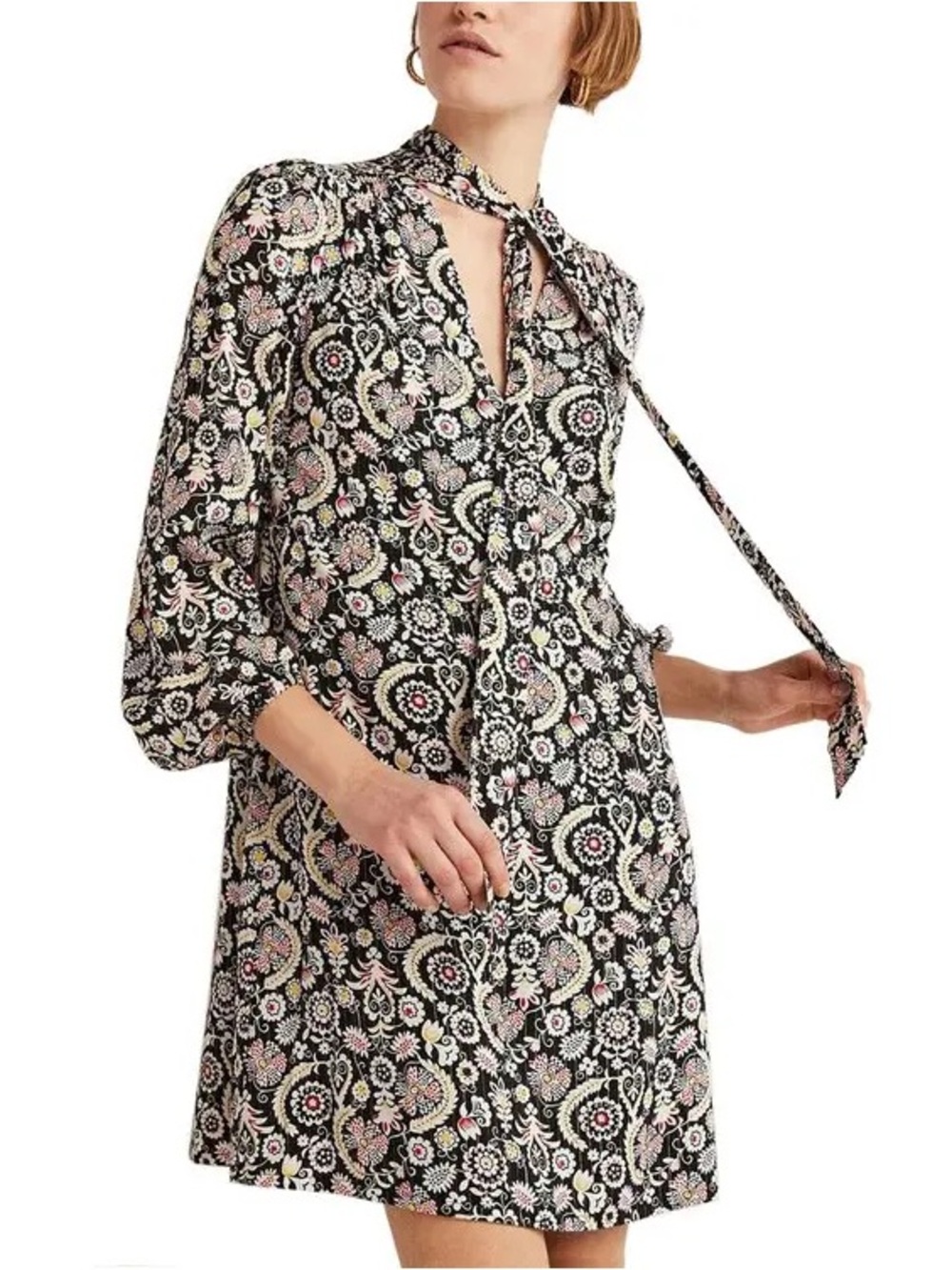 Boden Floral Paisley Tie Neck Dress Peasant Sleeves Black White Retro 70s Boho 6